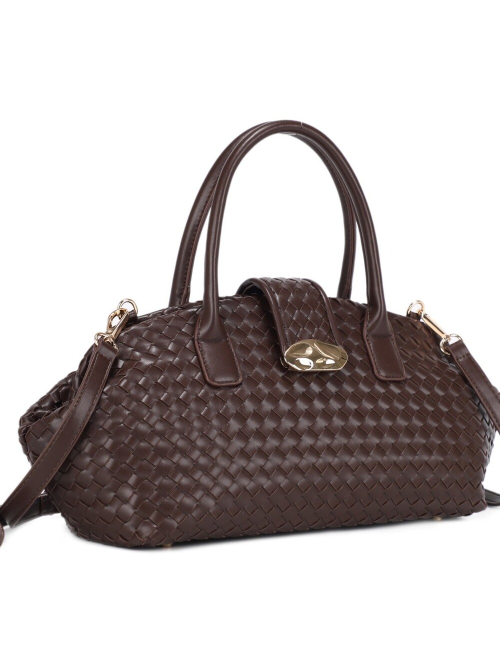 Luxurious Woven Vegan Leather Satchel Bag in Chocolate